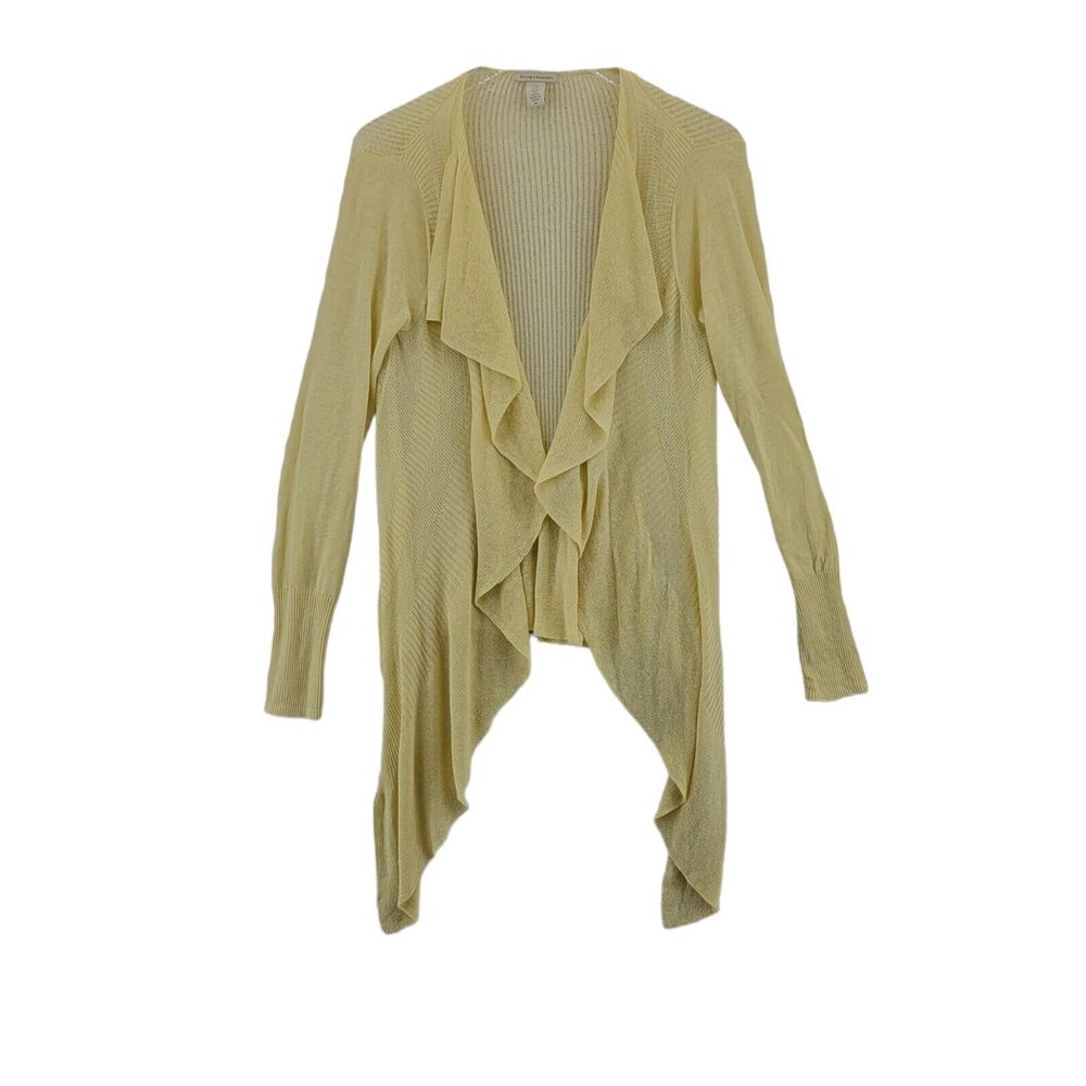 White + Warren Linen Blend Waterfall Front Cardigan Sweater Medium Pale Yellow